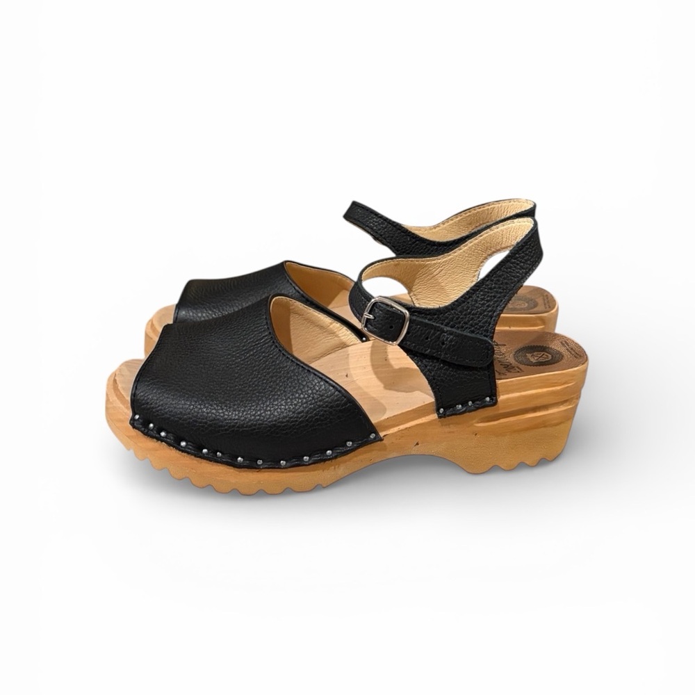 Torentorp Greta Swedish Black Leather Sandals Clog with Wooden Sole.